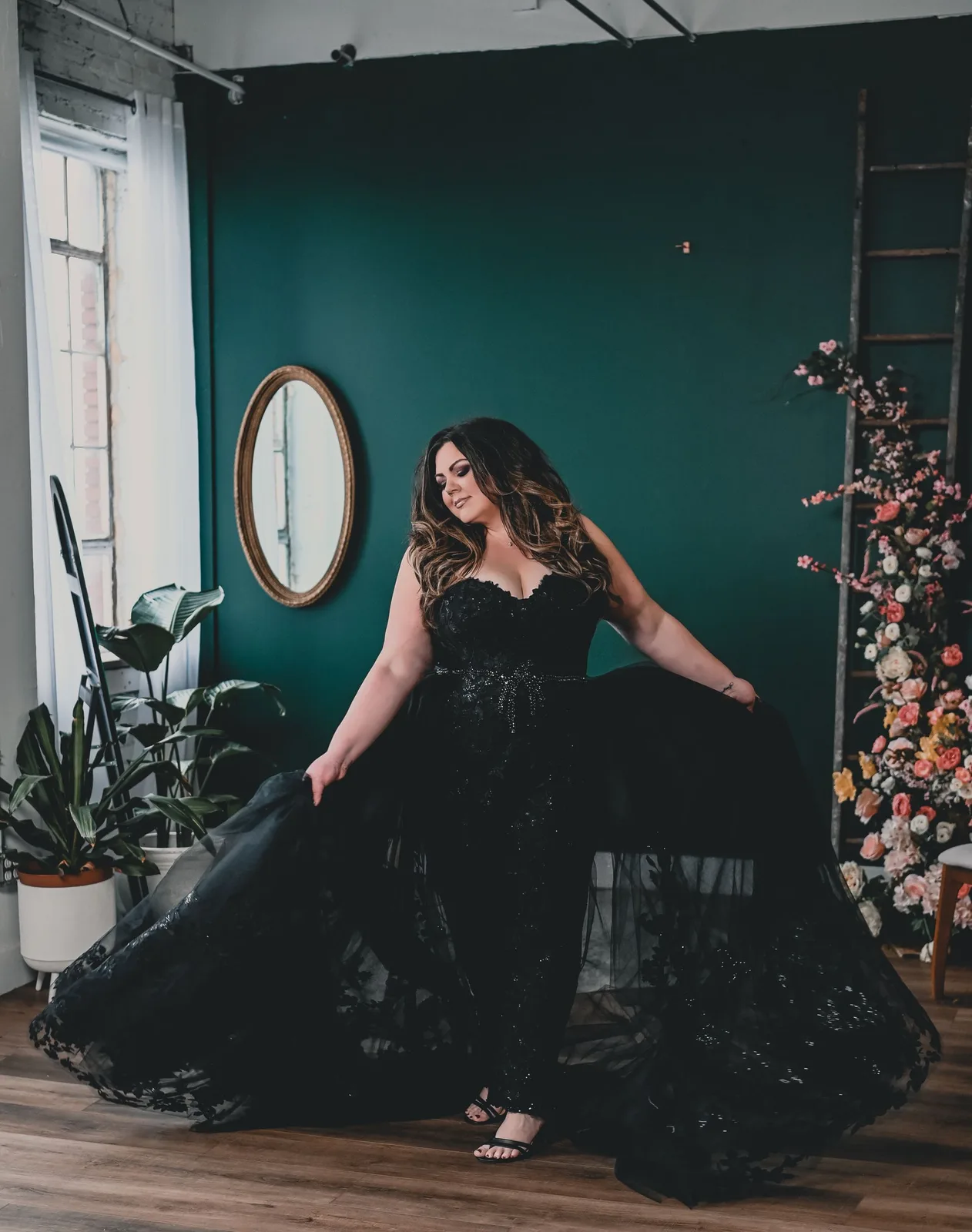 Bride in a dramatic black lace gown