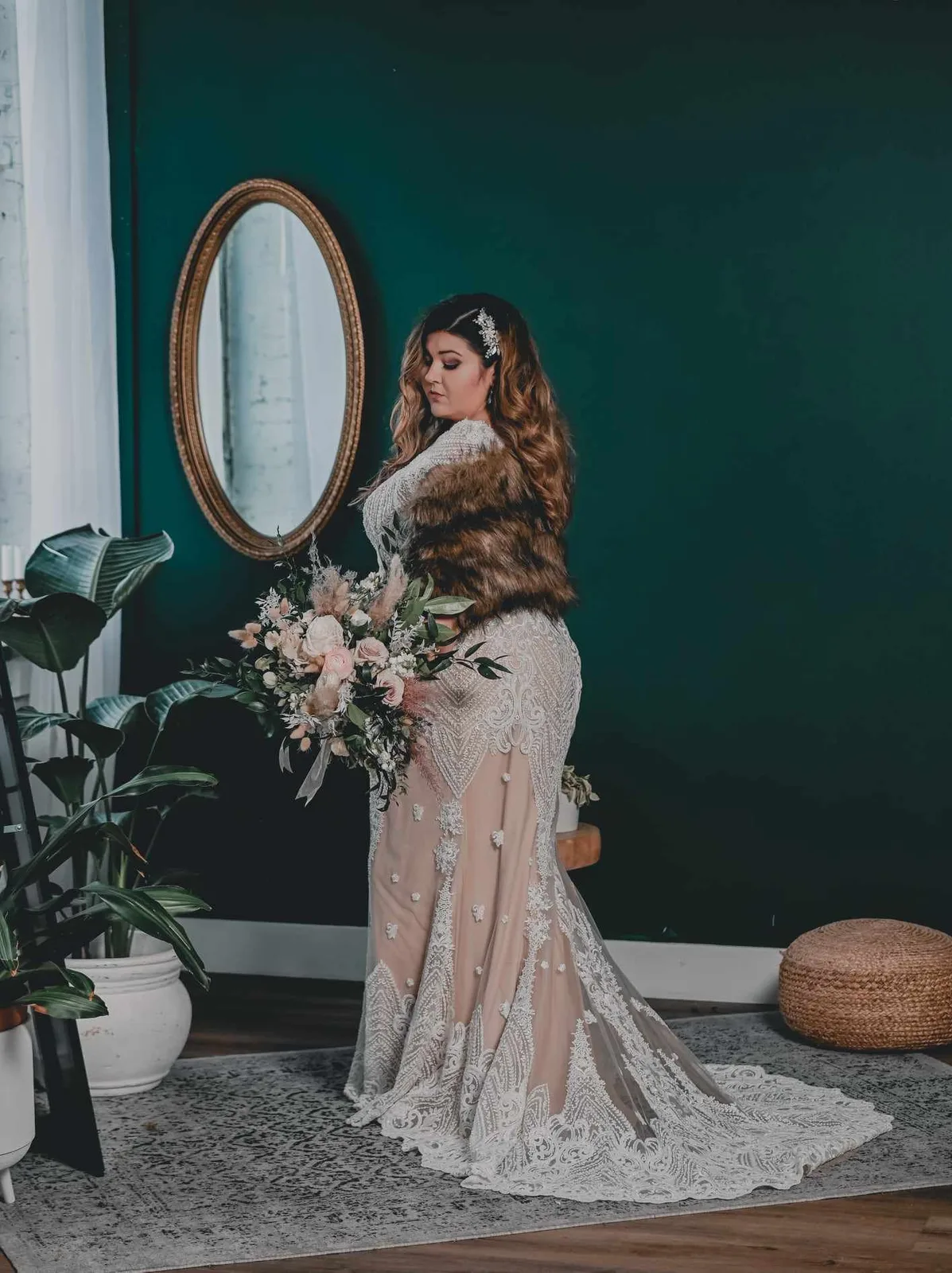 Bride in a lace A-line gown